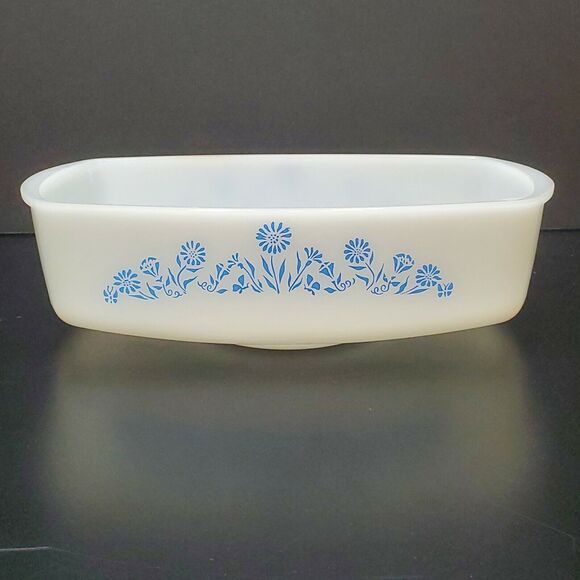 Vintage Federal Oven Proof White Milk Glass Blue Lady Michelle Floral Loaf Dish - Picture 7 of 9